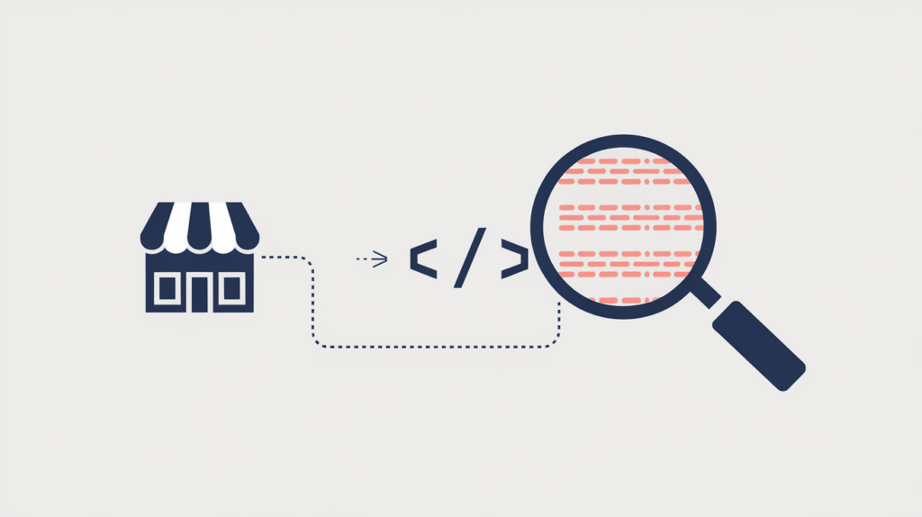 Abstract illustration of a retail storefront linked to a JSON-LD Store schema code node, in RankGear indigo and coral.