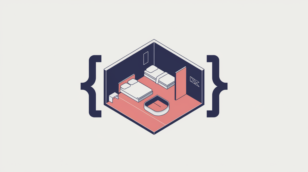 Abstract illustration of a JSON-LD-tagged multi-room accommodation suite, in RankGear indigo and coral.