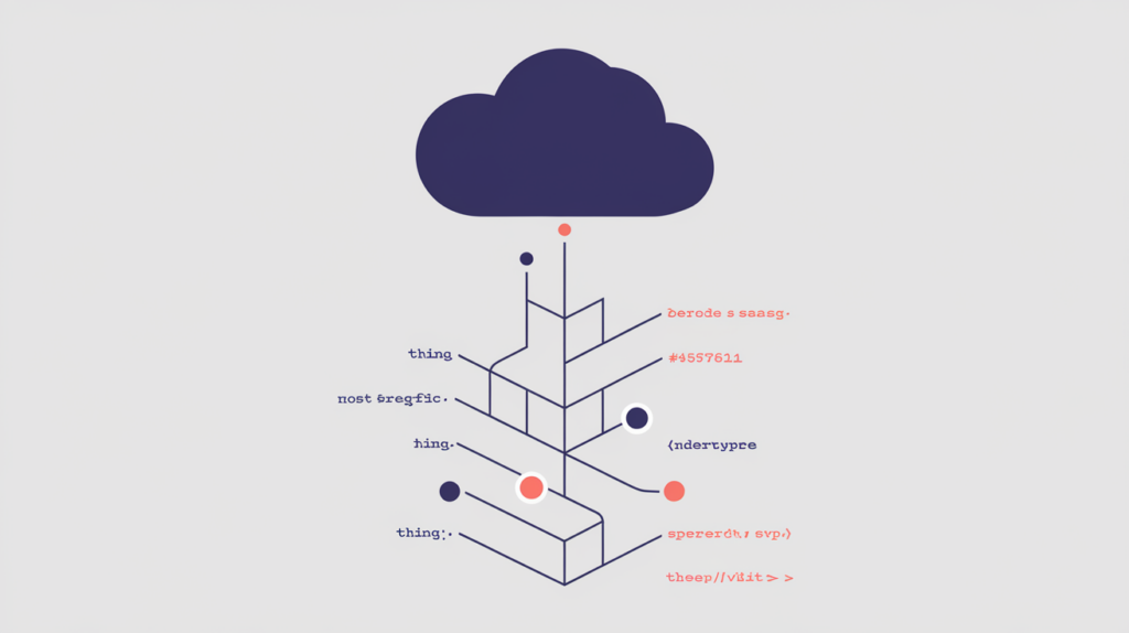 Abstract illustration of a generic schema.org Thing entity at the root of a type hierarchy, in RankGear indigo and coral.