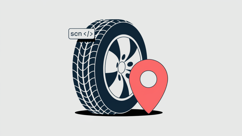 Abstract illustration of a tire shop's JSON-LD structured data markup, in RankGear indigo and coral.