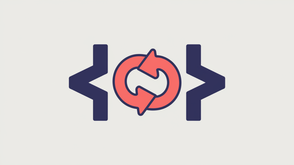 Abstract illustration of a JSON-LD TradeAction exchange between two parties inside code brackets, in RankGear indigo and coral.
