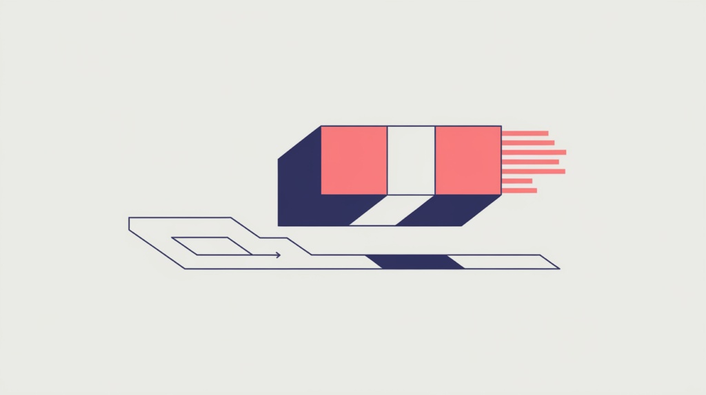 Abstract illustration of an object transferring from an origin node to a destination node, in RankGear indigo and coral.