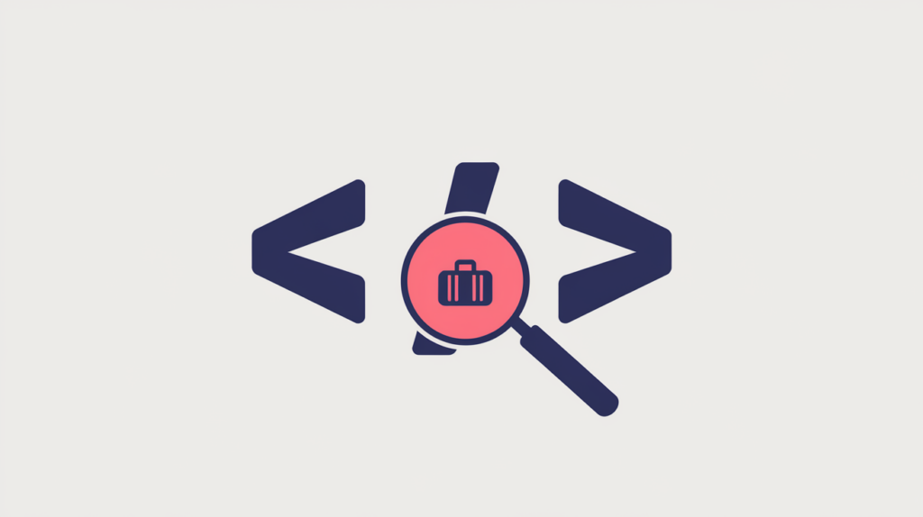 Abstract illustration of a JSON-LD brace enclosing a travel-agency suitcase and location pin under a magnifier, in RankGear indigo and coral.