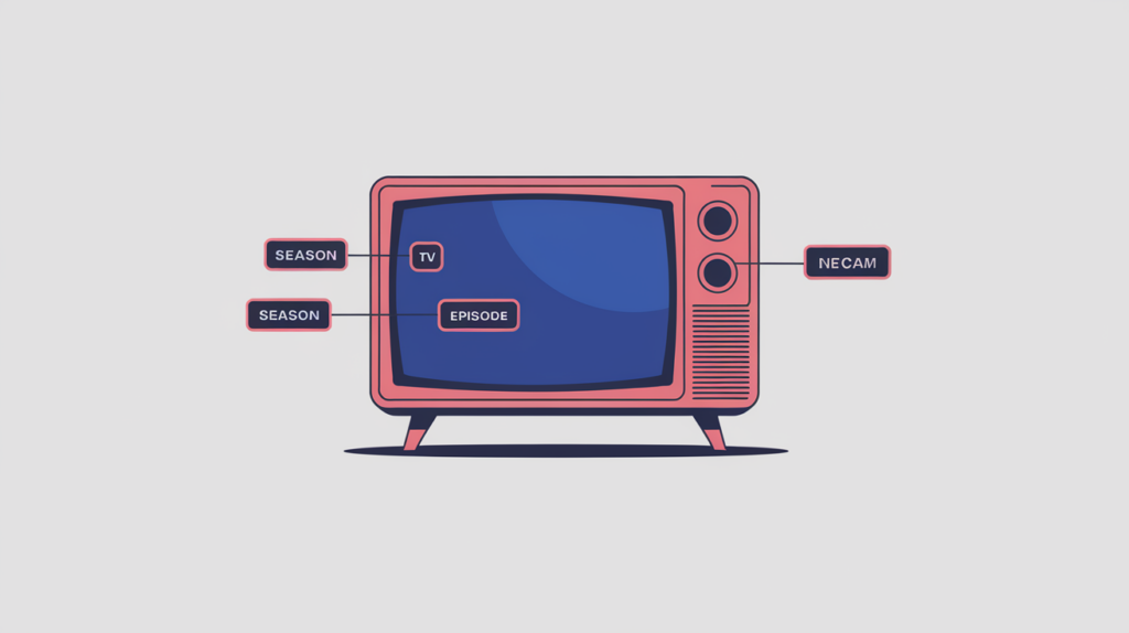 Abstract illustration of a TV screen linked to a JSON-LD episode schema node, in RankGear indigo and coral.