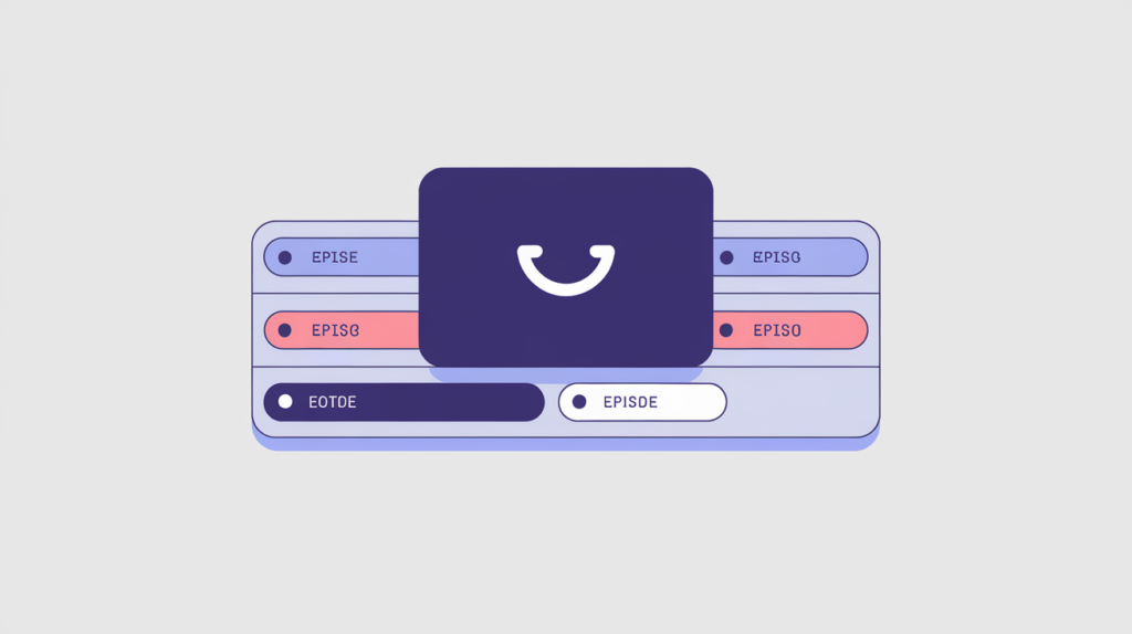 Abstract illustration of a TV season card with a JSON-LD schema badge among episode tiles, in RankGear indigo and coral.
