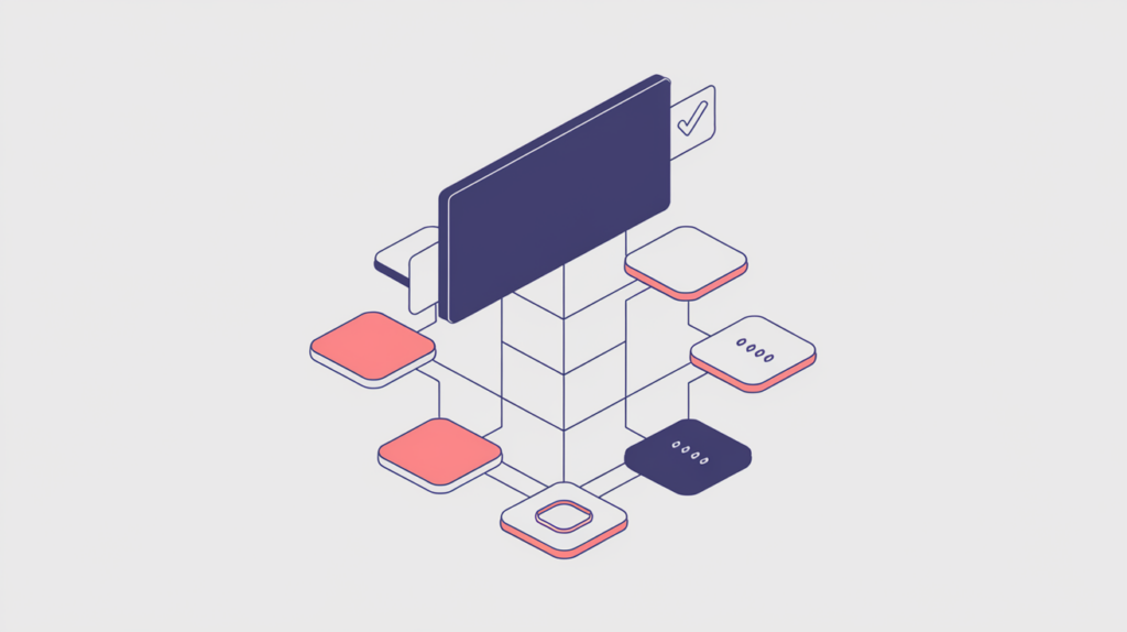 Abstract illustration of a TVSeries structured-data graph with seasons and episodes branching from a series node, in RankGear indigo and coral.