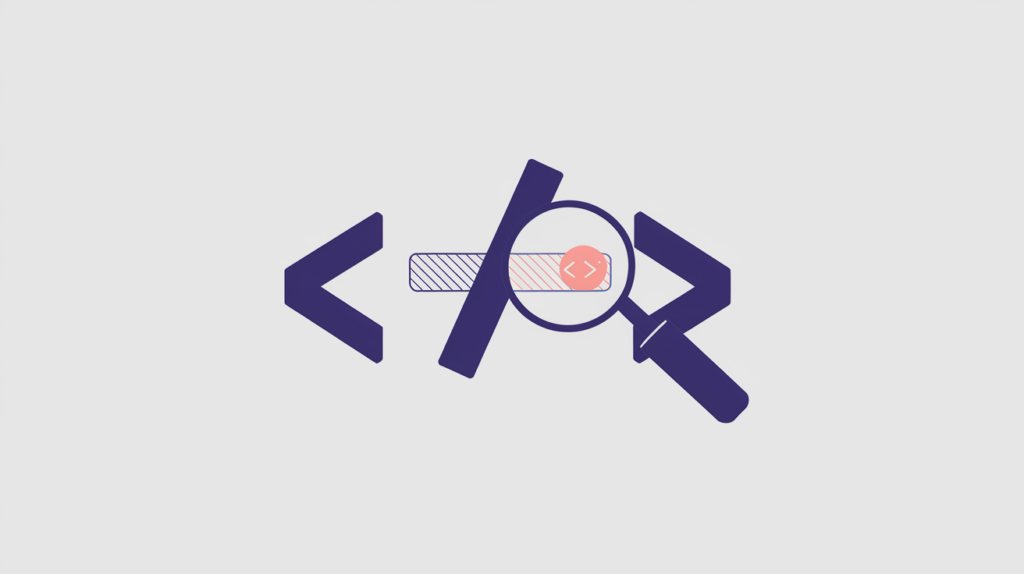 Abstract illustration of a JSON-LD update-action token being pattern-matched in page source, in RankGear indigo and coral.