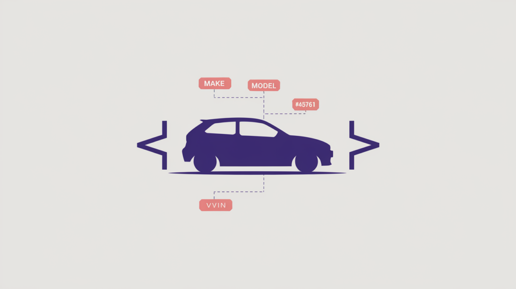 Abstract illustration of a vehicle wrapped in a JSON-LD structured-data tag with branching property nodes, in RankGear indigo and coral.