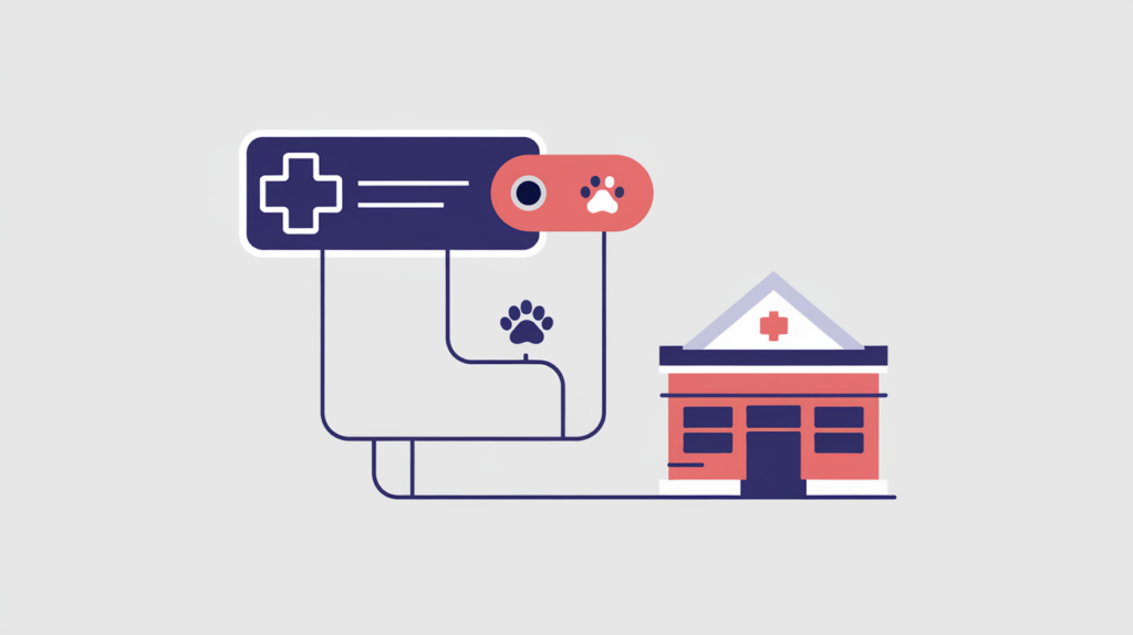 Abstract illustration of a JSON-LD data card carrying a veterinary care and paw-print symbol linked to a clinic marker, in RankGear indigo and coral.