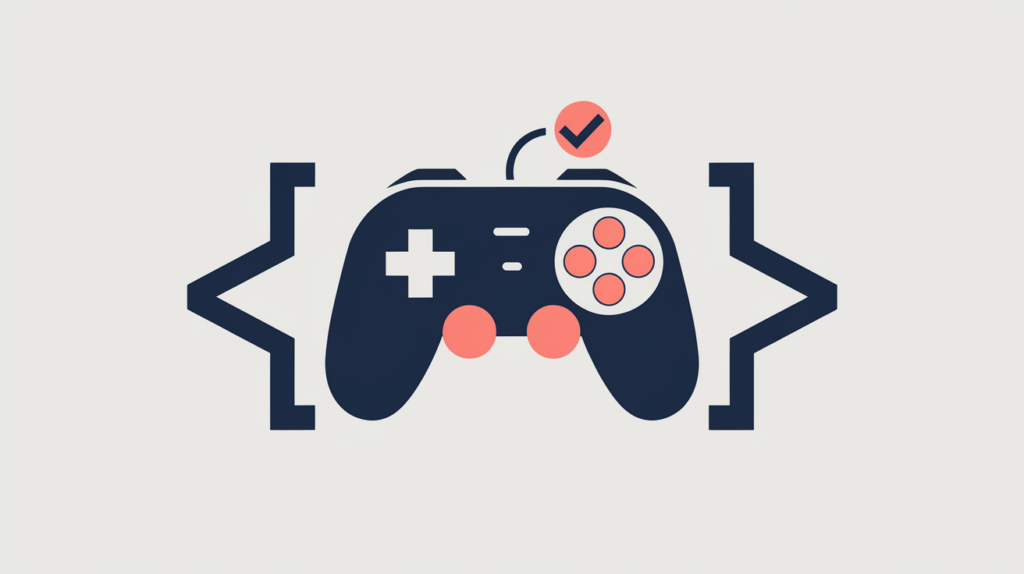 Abstract illustration of a game controller fused with JSON-LD schema brackets, in RankGear indigo and coral.