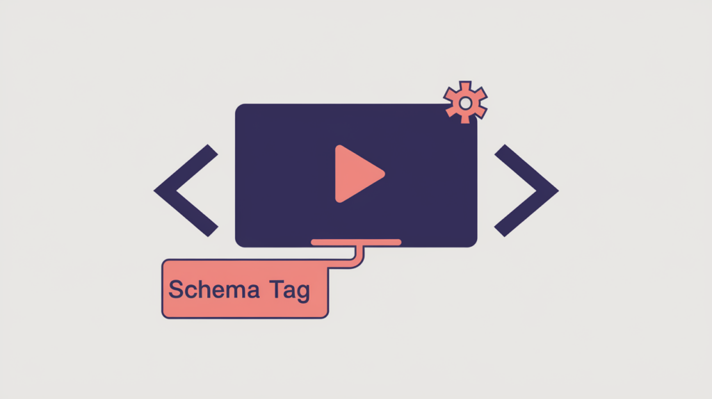 Abstract illustration of a video play button enclosed in JSON-LD structured-data braces, in RankGear indigo and coral.