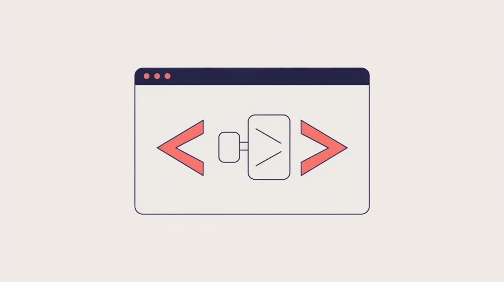 Abstract illustration of a JSON-LD WebPage type declaration inside a script tag linked to a single browser-window page node, in RankGear indigo and coral.
