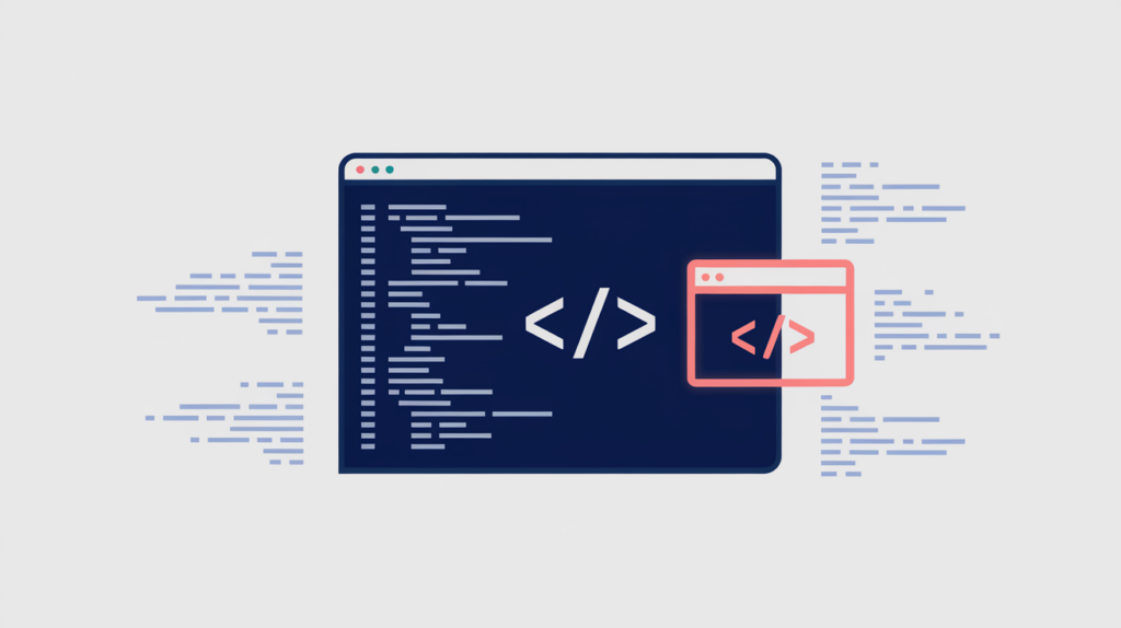 Abstract illustration of a website node declared as JSON-LD WebSite schema, in RankGear indigo and coral.