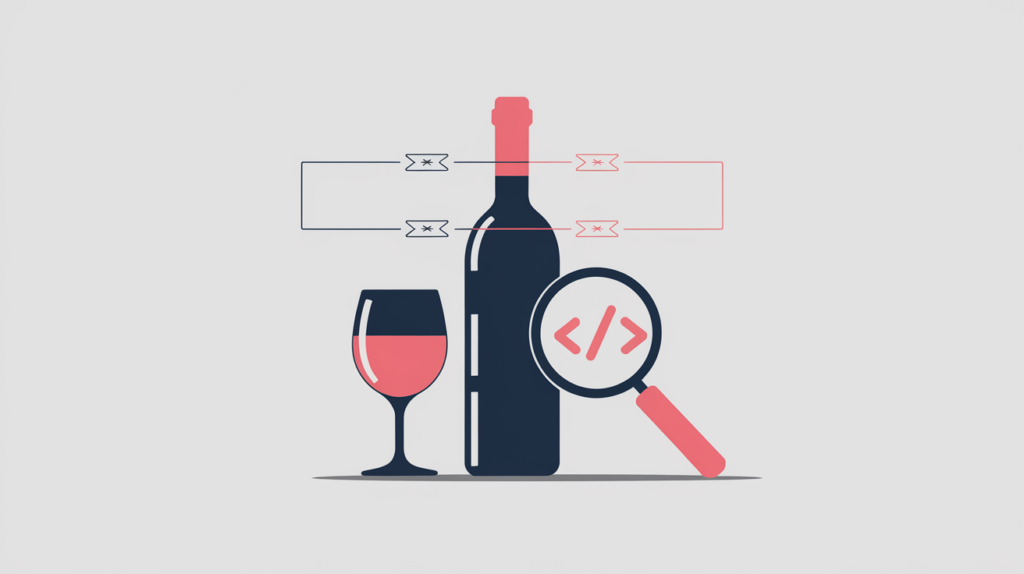 Abstract illustration of Winery JSON-LD schema markup detected in page source, in RankGear indigo and coral.