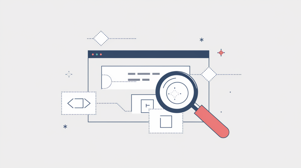 Abstract illustration of nested HTML elements carrying inline Microdata attributes under a detection outline and magnifier, in RankGear indigo and coral.