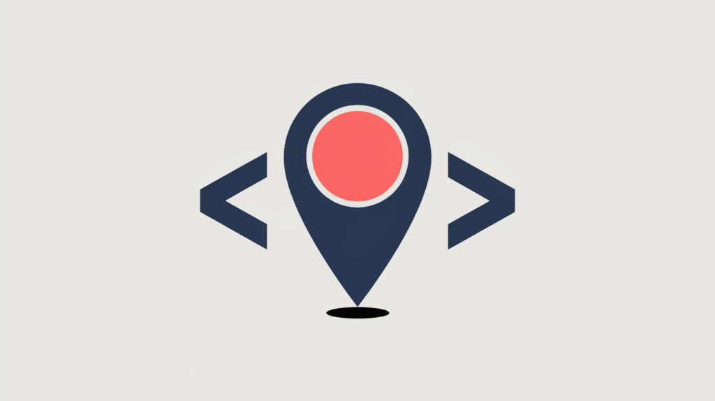 Abstract illustration of a Microdata address property with a map pin nested in HTML markup, in RankGear indigo and coral.