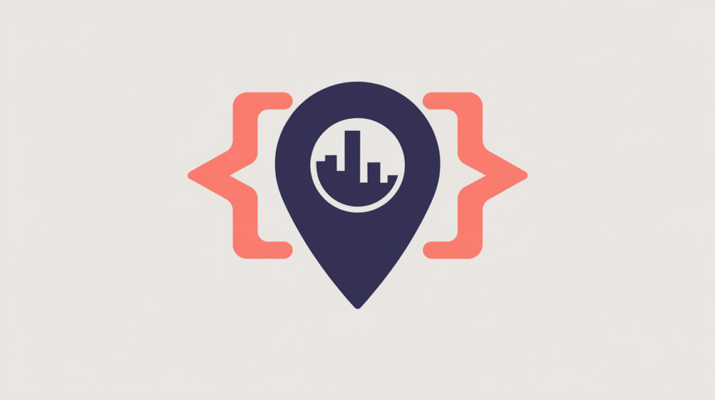 Abstract illustration of a city-locality map pin fused with an HTML markup tag, in RankGear indigo and coral.