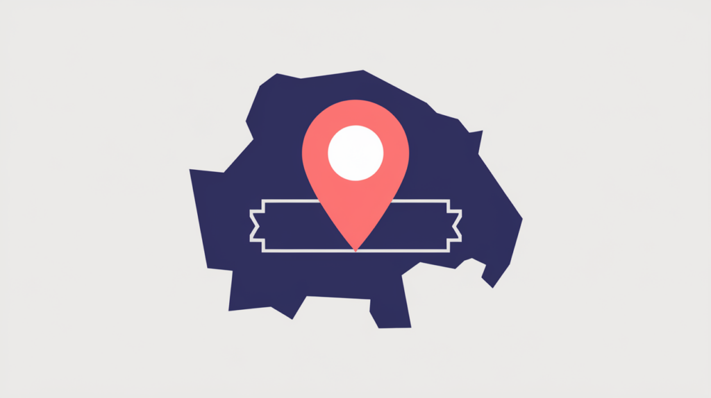 Abstract illustration of a Microdata addressRegion tag wrapping a state region on a map pin, in RankGear indigo and coral.