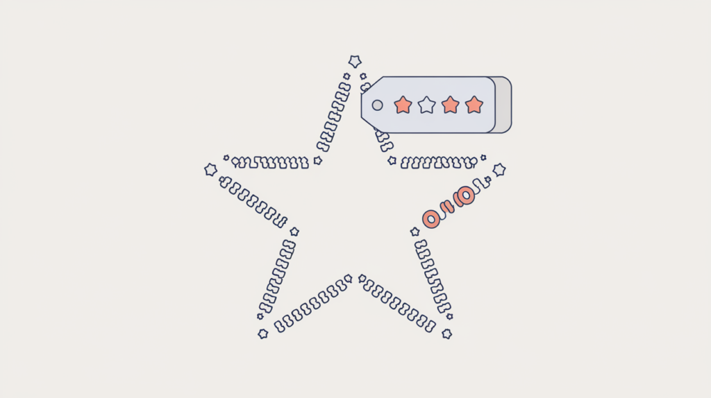 Abstract illustration of an aggregate rating star built from review dots wrapped in a microdata tag, in RankGear indigo and coral.