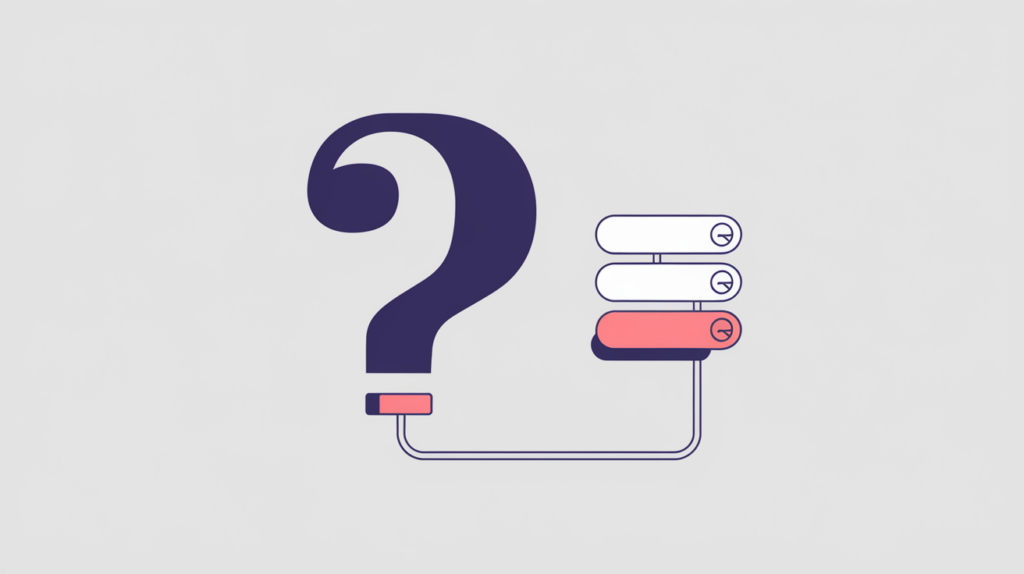 Abstract illustration of a question linked to a counted set of answer bubbles with one markup attribute highlighted, in RankGear indigo and coral.