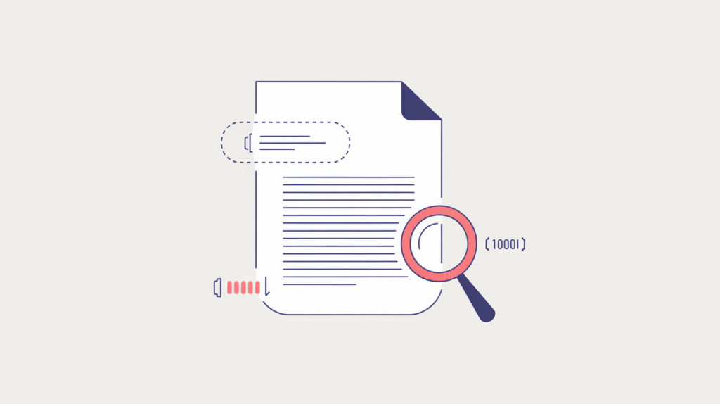 Abstract illustration of an article body text block wrapped in a structured-data annotation frame being scanned for a Microdata property, in RankGear indigo and coral.