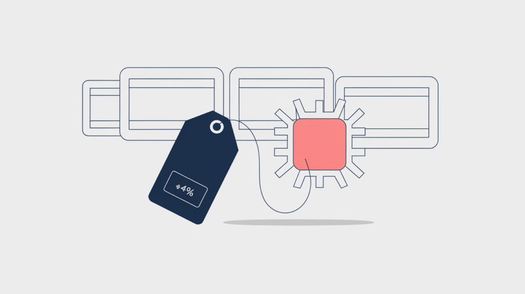 Abstract illustration of a product availability tag linked to a Microdata attribute, in RankGear indigo and coral.