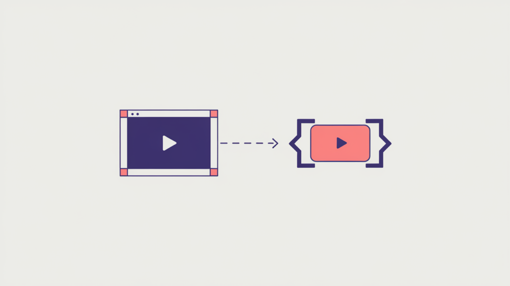 Abstract illustration of a media object frame linked to an HTML markup tag holding a direct file link, in RankGear indigo and coral.