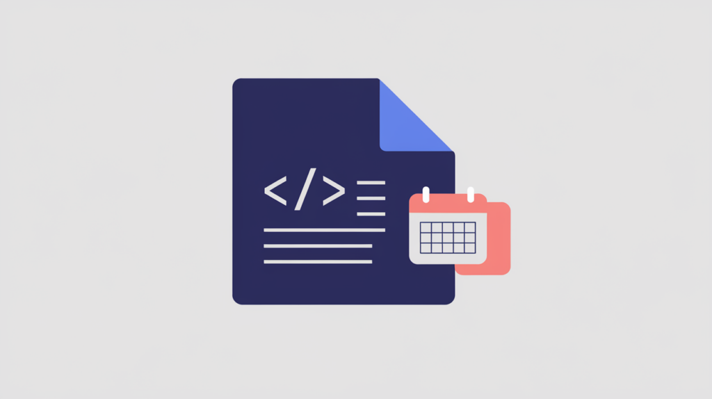 Abstract illustration of a document with an embedded publication-date property chip, in RankGear indigo and coral.