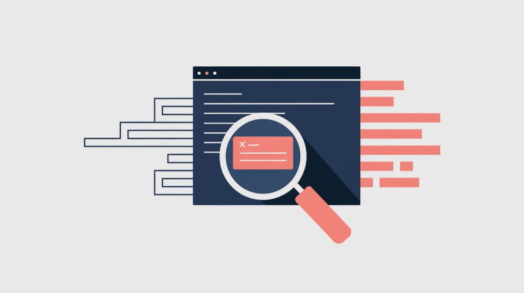 Abstract illustration of a magnifier finding a Microdata description attribute in page markup, in RankGear indigo and coral.
