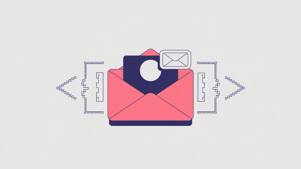 Abstract illustration of a Microdata email property tagged on a contact card in page markup, in RankGear indigo and coral.