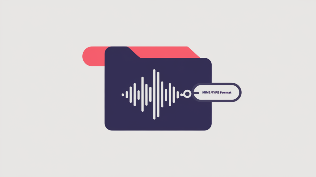 Abstract illustration of a media resource tagged with a Microdata encodingFormat property, in RankGear indigo and coral.