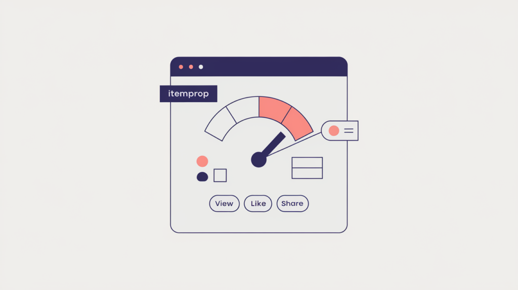 Abstract illustration of a Microdata interaction-statistic property feeding view, like, and share counts into a single interaction counter, in RankGear indigo and coral.