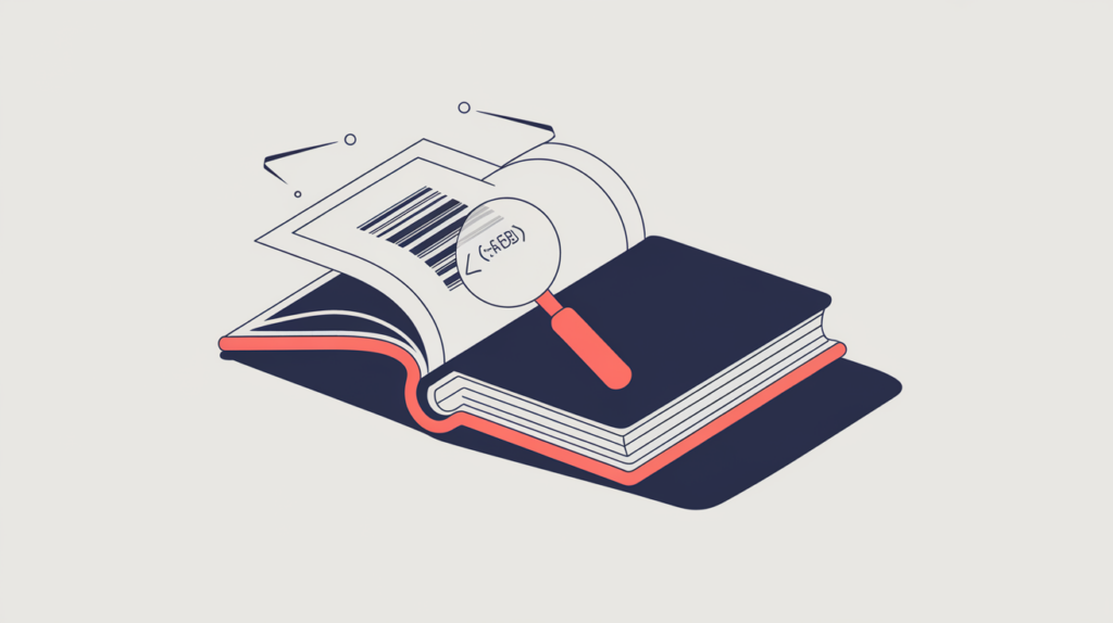 Abstract illustration of a book's ISBN attribute being detected in page markup, in RankGear indigo and coral.