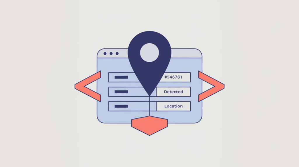 Abstract illustration of a map location pin fused with an HTML tag inside a structured-data card, in RankGear indigo and coral.