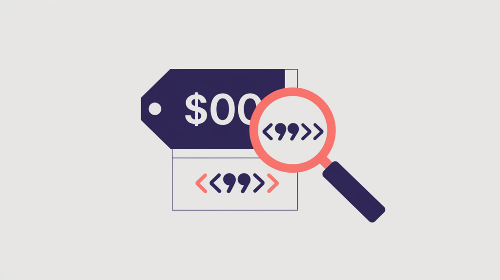 Abstract illustration of a price tag wrapped in structured-data brackets being detected, in RankGear indigo and coral.