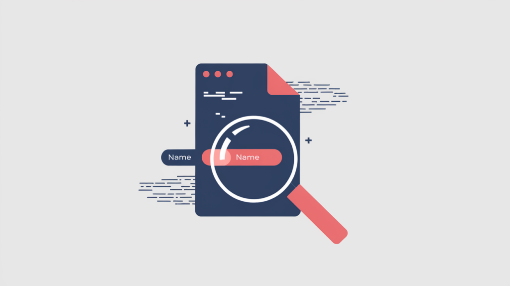 Abstract illustration of a Microdata name attribute detected in page markup by a binary toggle, in RankGear indigo and coral.