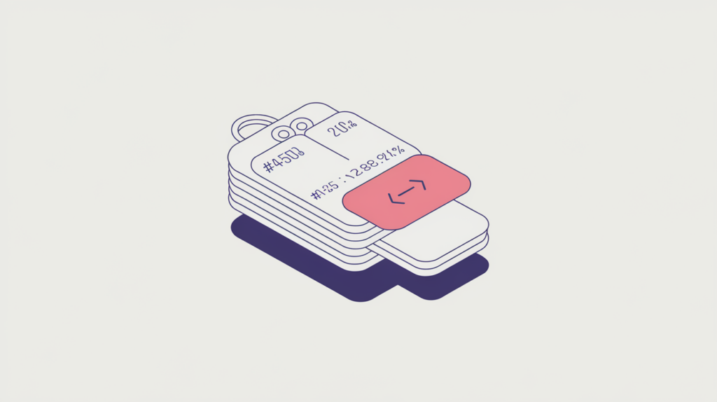 Abstract illustration of an aggregate offer count with bundled price tags and a counter dial, in RankGear indigo and coral.