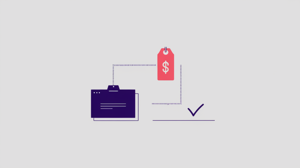 Abstract illustration of a product card linked to a structured offer data node with price tag and availability marker, in RankGear indigo and coral.