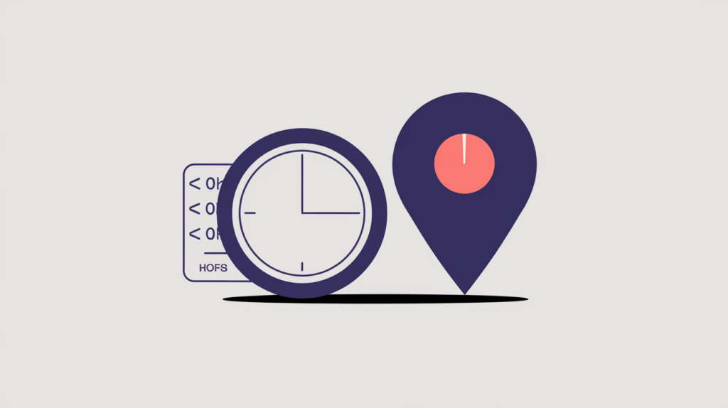 Abstract illustration of Microdata opening-hours markup binding business hours to a location, in RankGear indigo and coral.