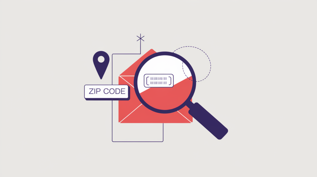 Abstract illustration of a magnifier detecting a postal-code Microdata property inside an address block, in RankGear indigo and coral.