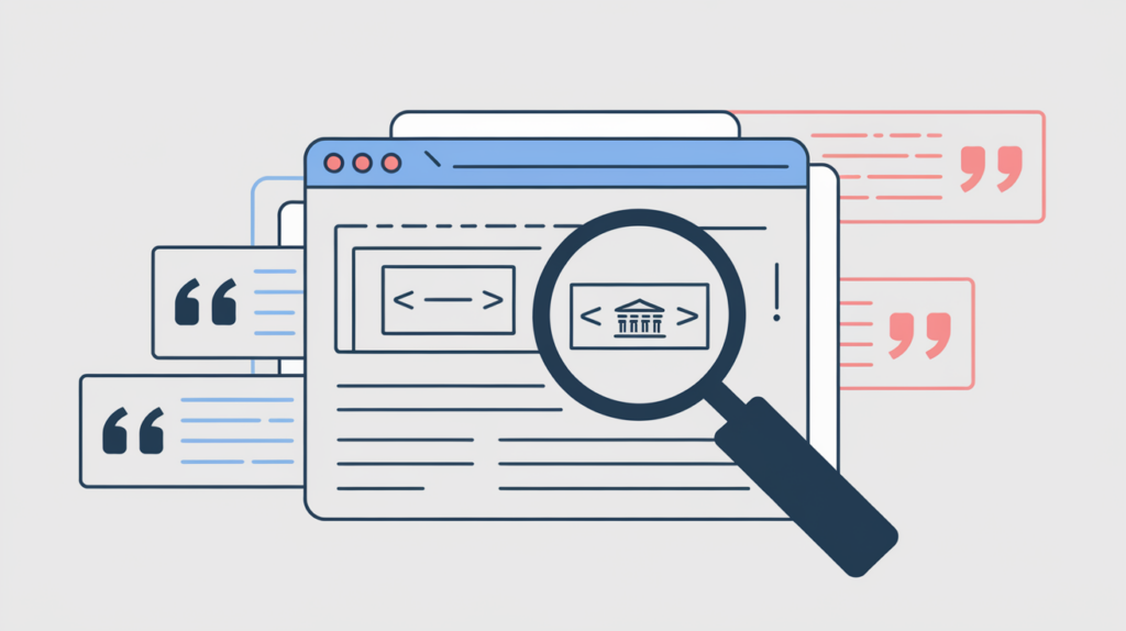 Abstract illustration of a lens detecting a contiguous Microdata publisher attribute in page markup, in RankGear indigo and coral.