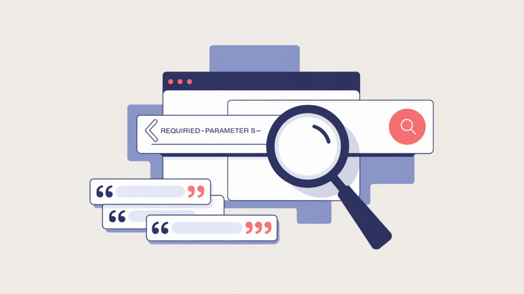 Abstract illustration of a search action's required query-input parameter detected in page markup, in RankGear indigo and coral.