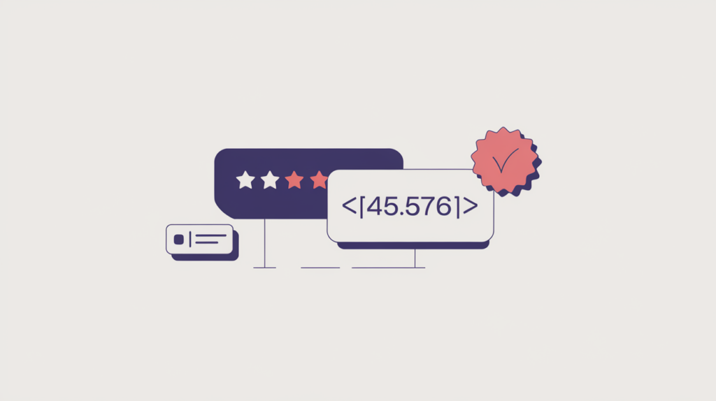 Abstract illustration of a star rating value inside an HTML tag being detected as structured data, in RankGear indigo and coral.