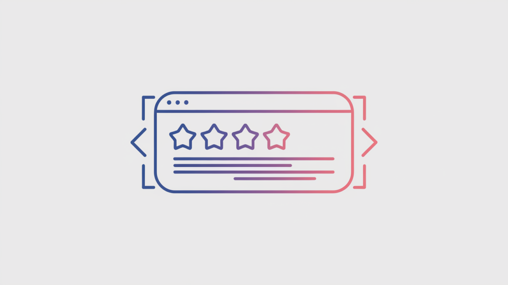 Abstract illustration of a review count badge wrapped in microdata markup tags, in RankGear indigo and coral.