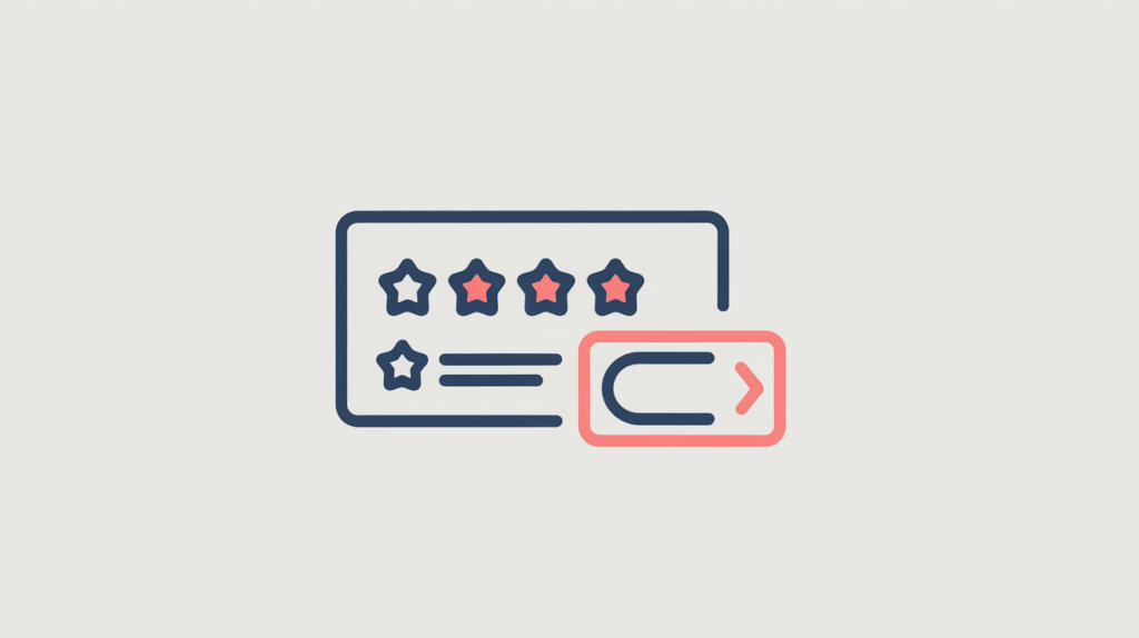 Abstract illustration of a review rating linked to a structured-data attribute node, in RankGear indigo and coral.