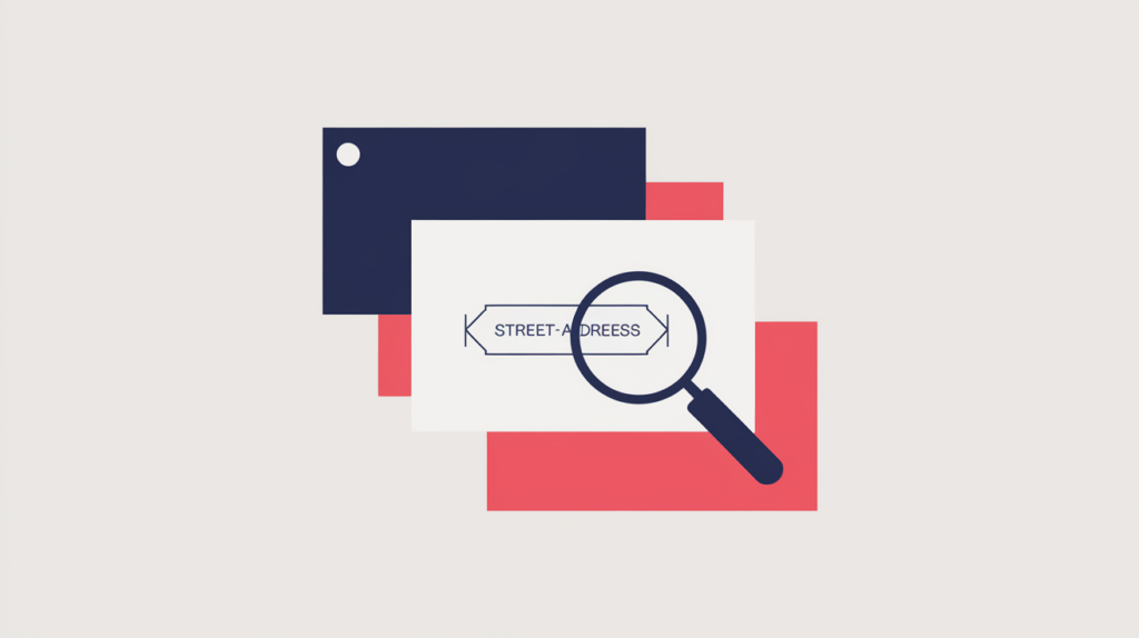 Abstract illustration of a street-address line wrapped in a Microdata markup tag and inspected by a magnifier, in RankGear indigo and coral.