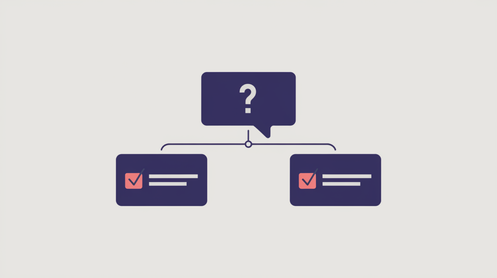 Abstract illustration of a question linked to an accepted answer and a suggested answer, in RankGear indigo and coral.