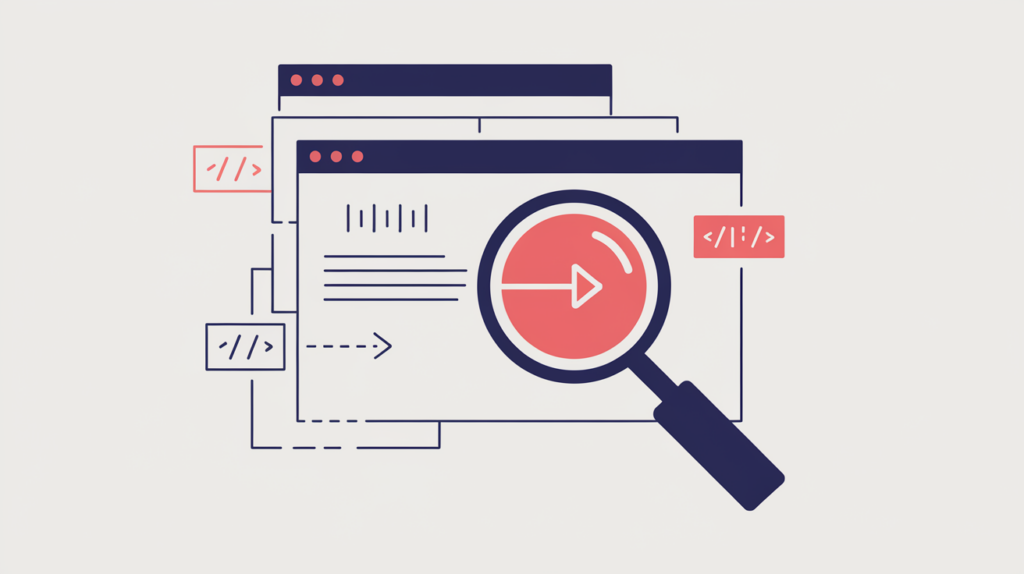 Abstract illustration of a Microdata target property being detected in page markup and pointing to an action entry point, in RankGear indigo and coral.