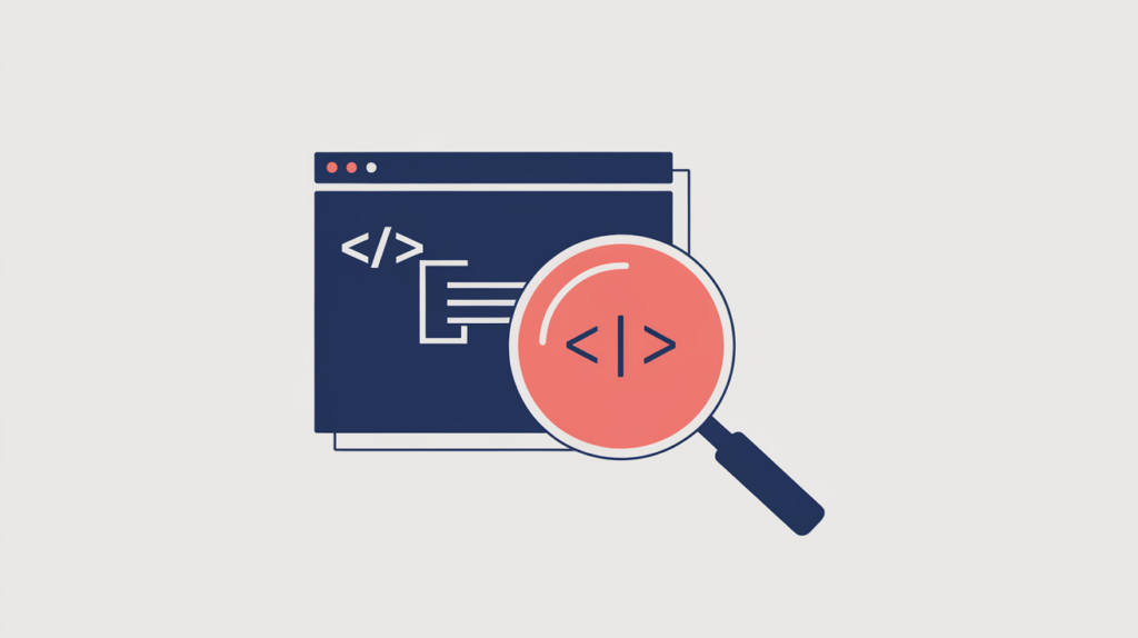 Abstract illustration of a magnifier detecting an inline Microdata text attribute wrapping visible page content, in RankGear indigo and coral.