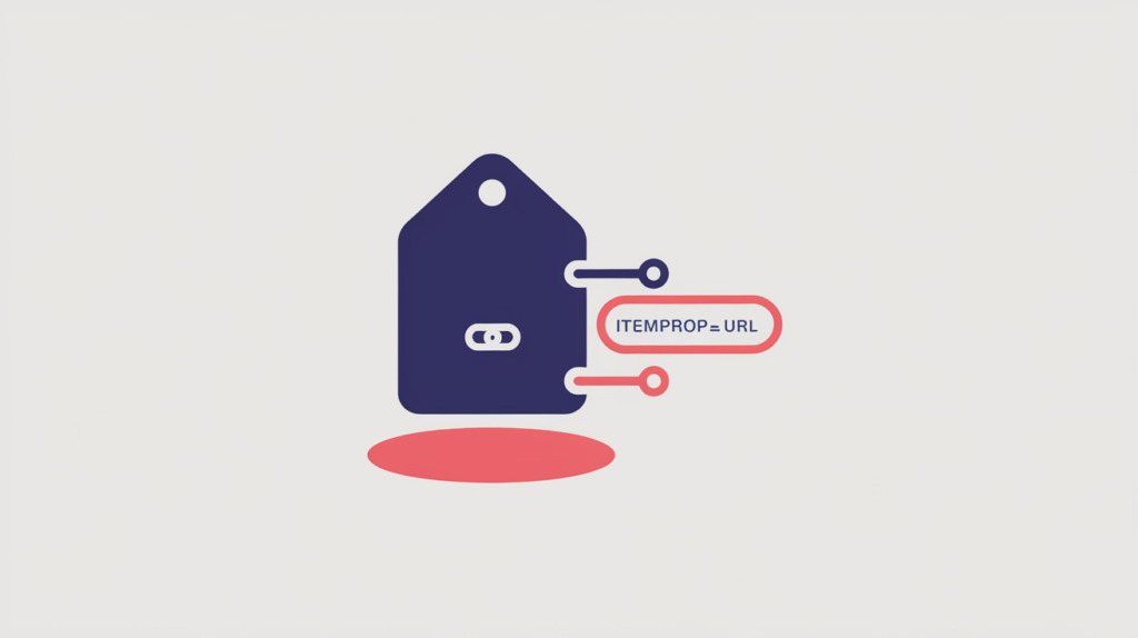 Abstract illustration of a Microdata url property attribute binding an HTML element to a canonical link node, in RankGear indigo and coral.